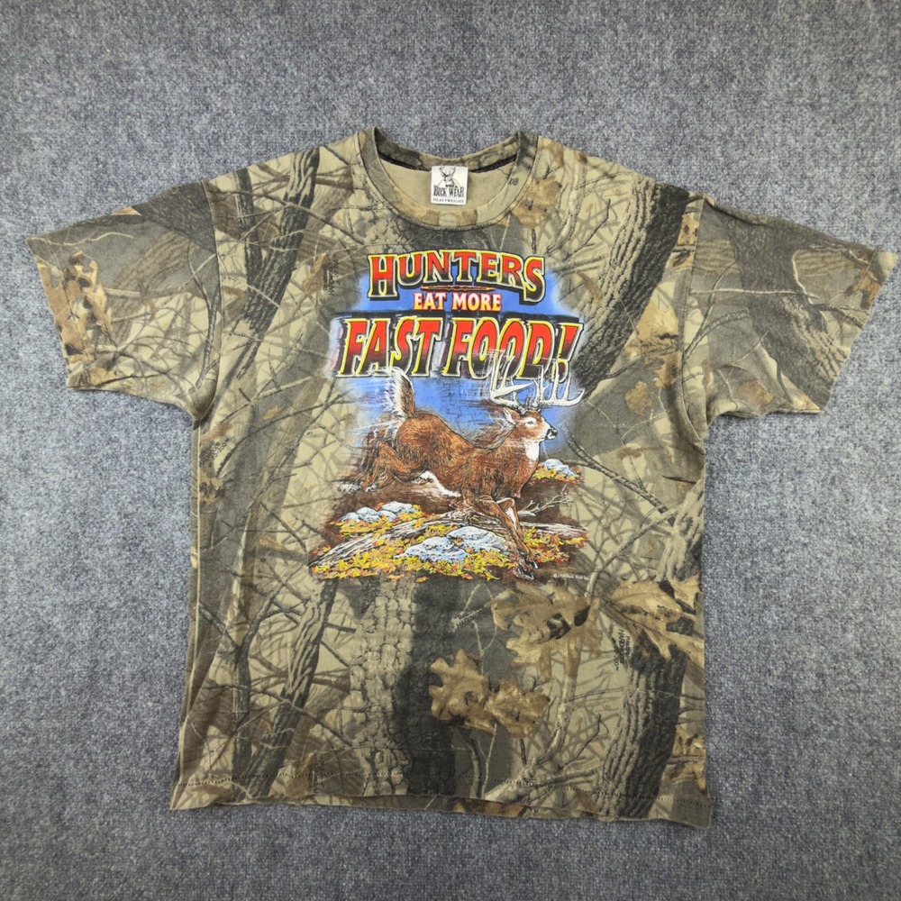 Vintage 1999 Buck Wear Hunters Eat More Fast Food Camo T-Shirt XL Single Stitch‎